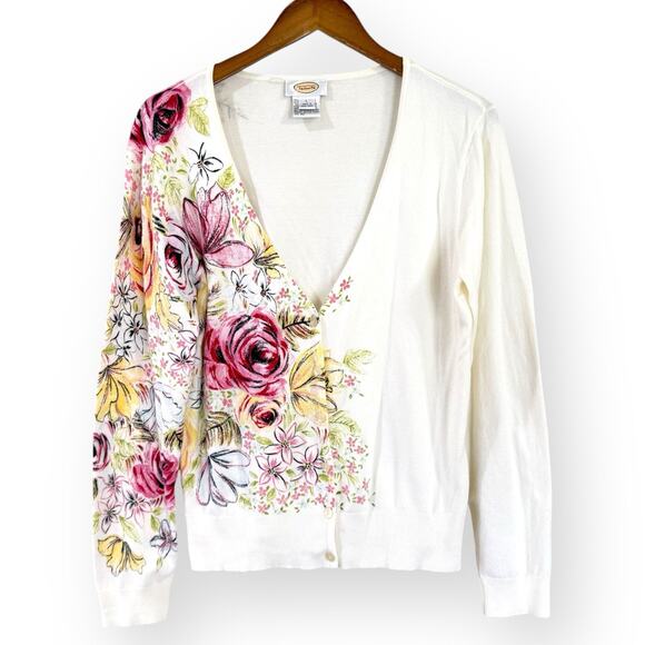 Talbots Sweaters - Vintage Talbots Cardigan Womens L Ivory Floral Print V-Neck Cotton Blend Cottage